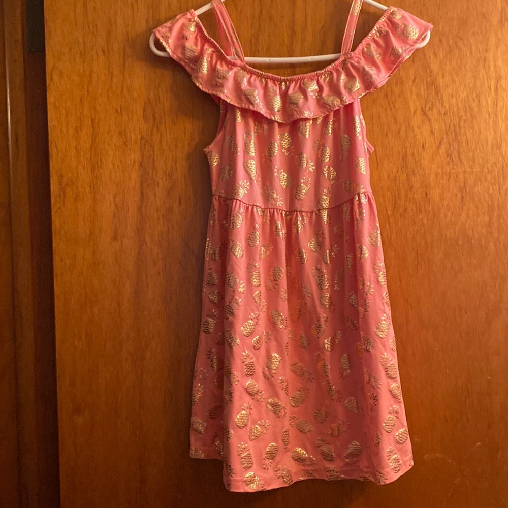 Picapino Girl's Off-The-Shoulder Gold Metallic Pineapple Print Pink Dress